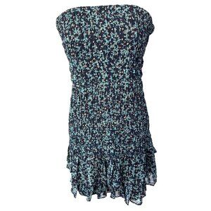 A/X Armani Exchange Strapless Floral Ruffle Mini Dress Black/Blue Smocked Size 6